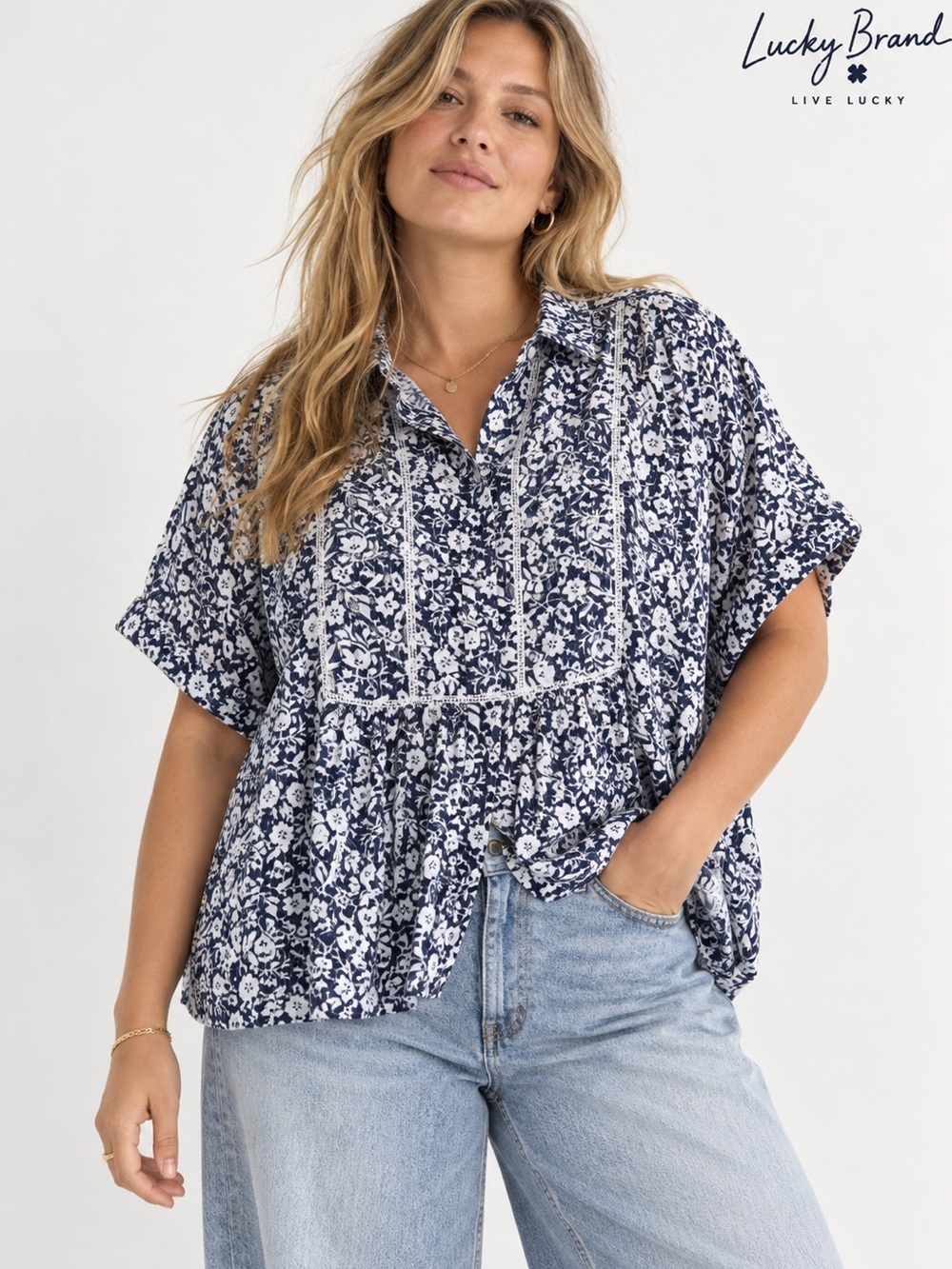 Lucky Brand Floral Print Loose Fit Button Down Shirt Eyelet Coastal Beachy Blue